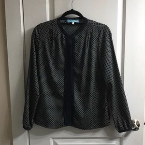 Navy Blouse with Green and Cream Accent pattern